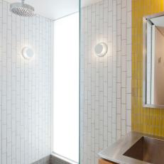 Modern White and Yellow Tiled Bathroom with Glass Shower