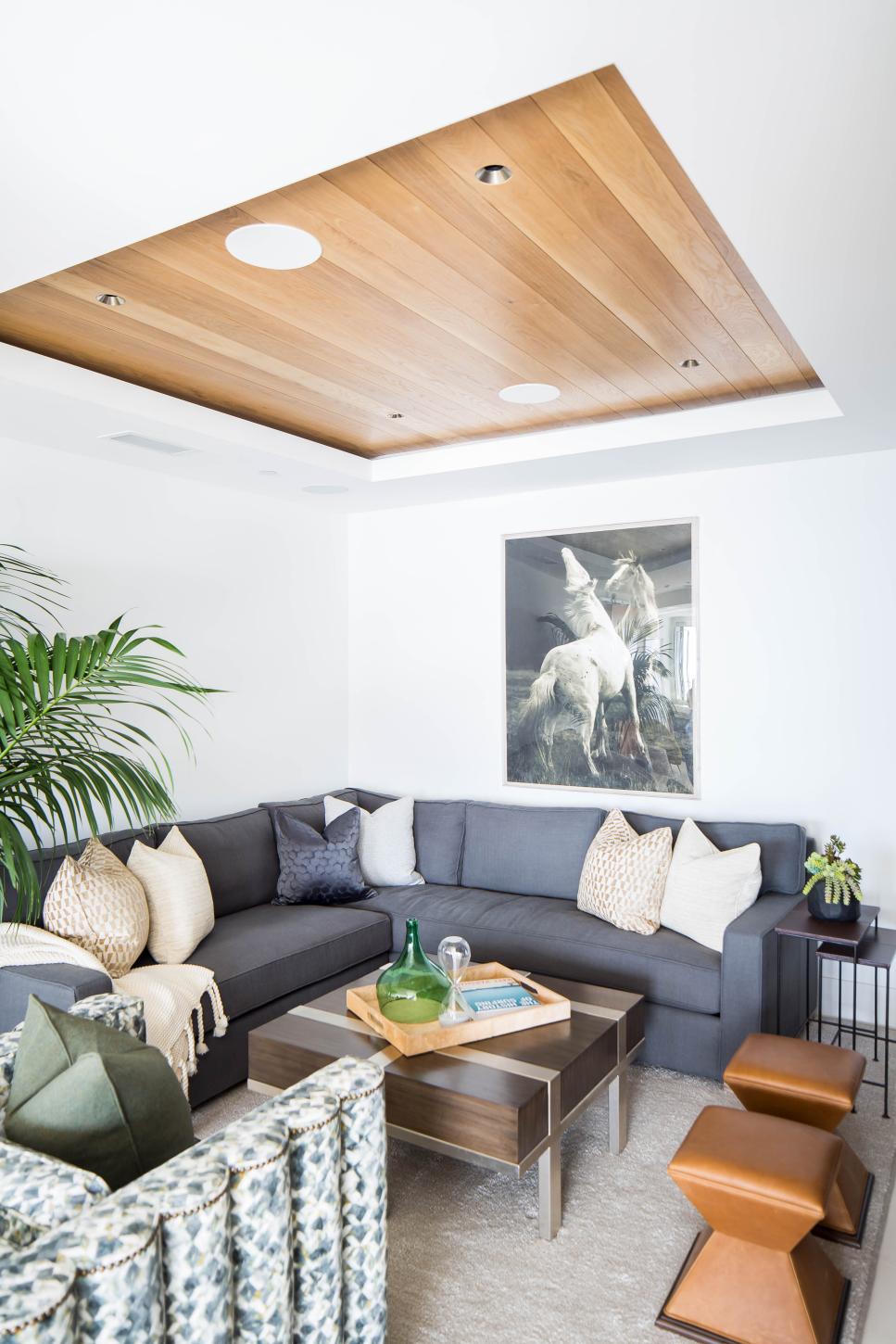 Lounge Space with Recessed Wood Tray Ceiling | HGTV