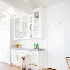 White Contemporary Kitchen with Dog Feeding Station