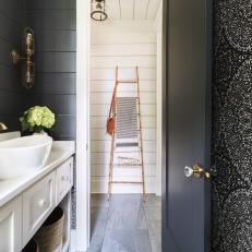 Black Shiplap Bathroom with Black and White Patterned Wallpaper