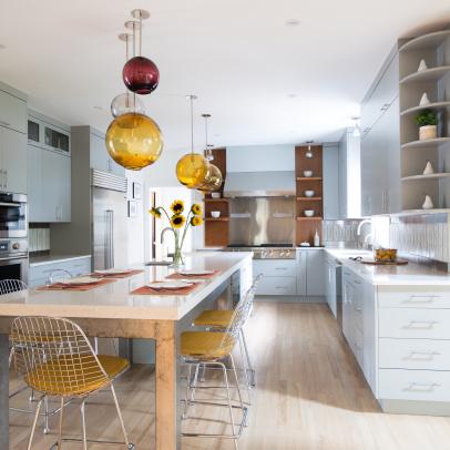 Fresh, Clean Kitchen with Whimsical Pendants