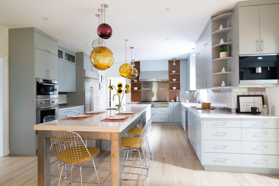 Kitchen with Glass Orb Pendant Lights