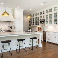 White Transitional Eat-In Kitchen With Oversized Island