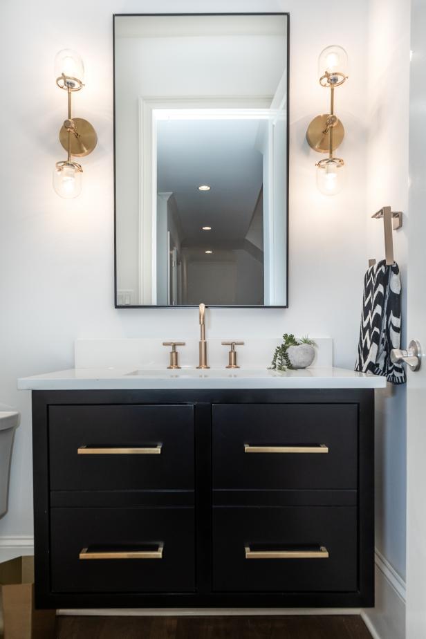 Black Vanity With Gold Toned Faucet, Bathroom With Black Vanity