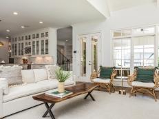 White Transitional Living Room With Green Accents