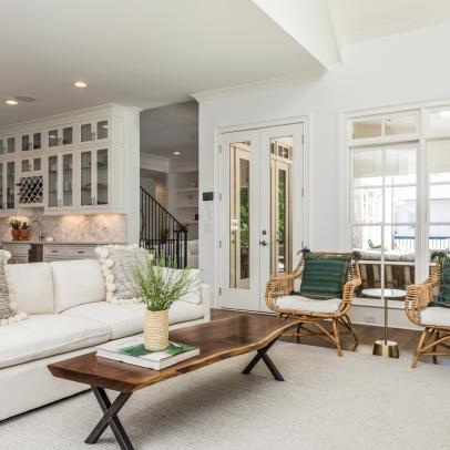 White Transitional Living Room With Green Accents