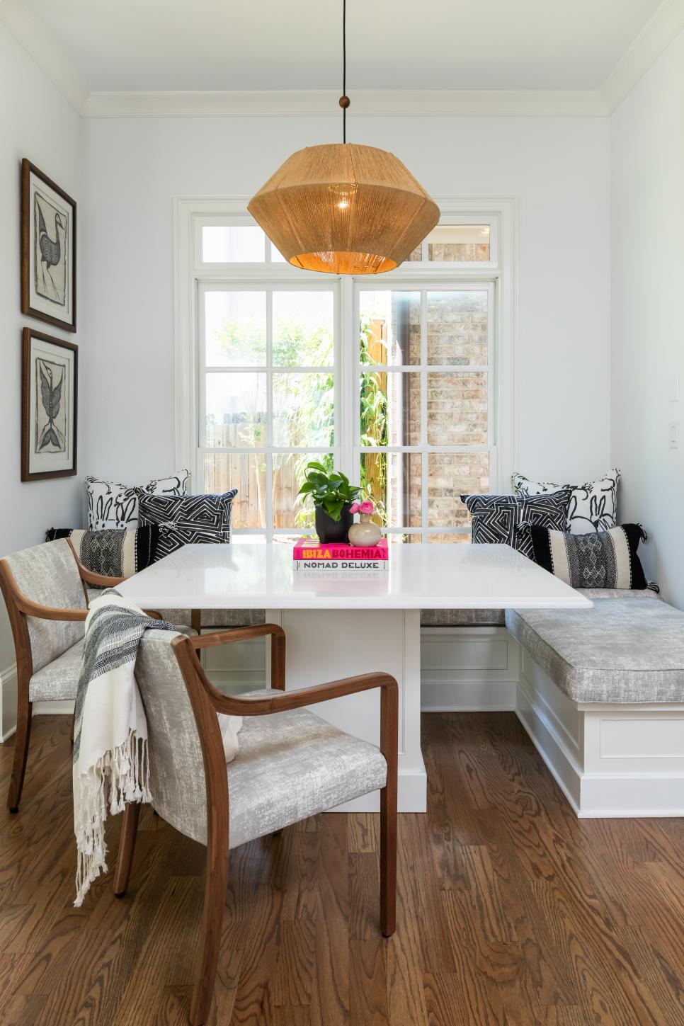 White Transitional Breakfast Nook With Custom Banquette and Pedestal