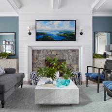 Blue Transitional Living Room With Shiplap