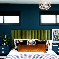 Master Bedroom Features Decadent Color Palette of Midnight Blue, Olive and Sienna