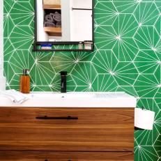 Bathroom is Made Bold By Green Geometric Tile, Floating Vanity