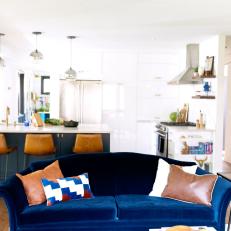 Blue Velvet Sofa Provides Pop of Color in Open-Plan Space