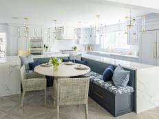 White Eat-In Kitchen With Blue Banquette