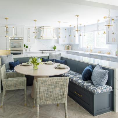 White Eat-In Kitchen With Blue Banquette