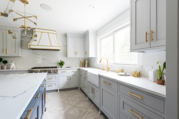 Modern White Kitchen with Mosaic Floor Tiles - Luxe Interiors + Design