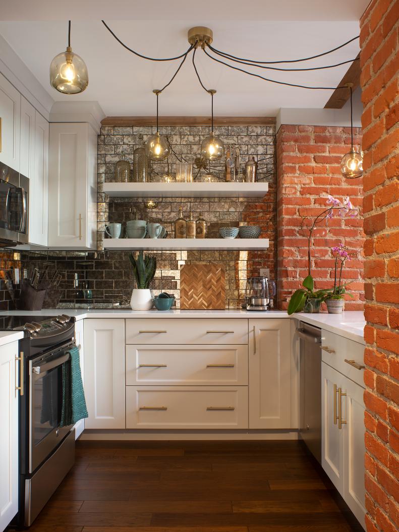 Modern Loft Condo Kitchen with Exposed Brick Wall