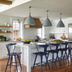 Scandinavian Open Plan Kitchen With Blue Pendants