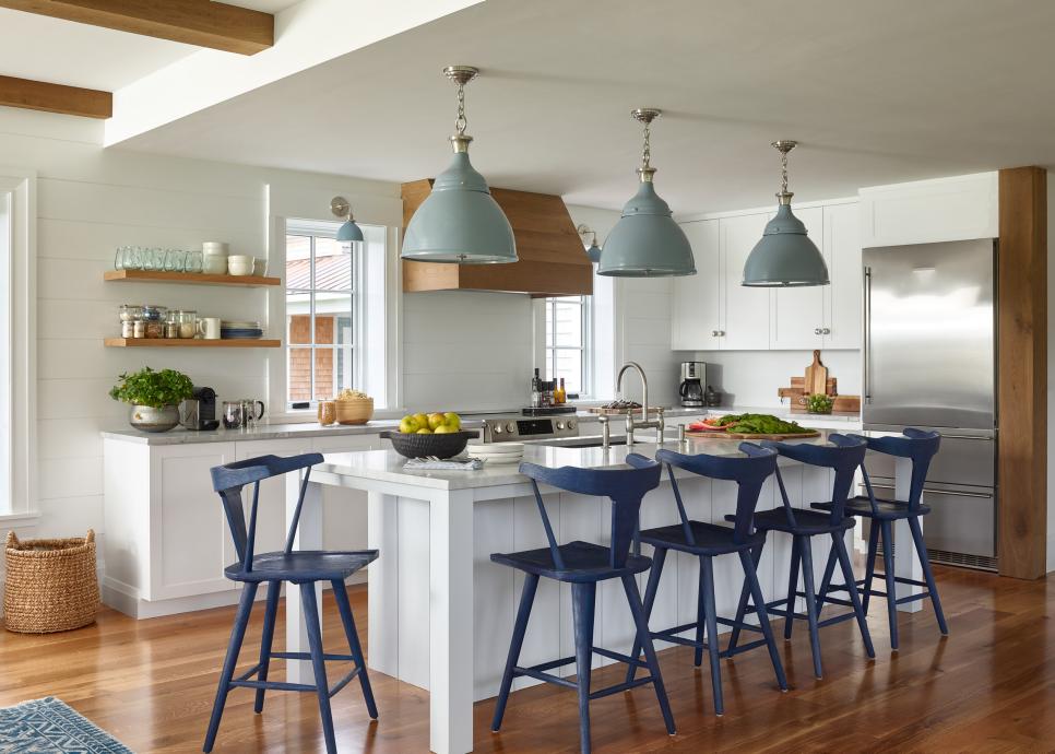 Scandinavian Open Plan Kitchen With Blue Pendants | HGTV