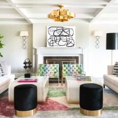 Contemporary Multicolored Living Room With Black Stools