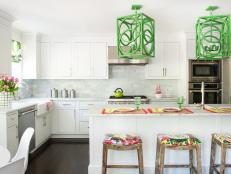 Tropical Open Plan Kitchen With Green Pendants