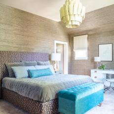 Neutral Contemporary Master Bedroom With Blue Bench
