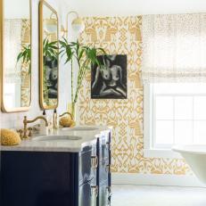 Navy and Gold Master Bathroom With Wallpaper