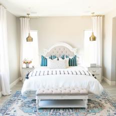 Transitional Bedroom With Blue Striped Pillows
