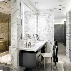 White Primary Bathroom With Gray Glass