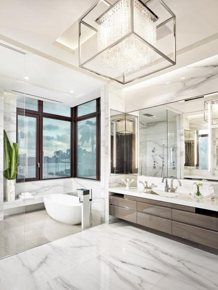 Waterfront White Spa Bathroom With Chandelier