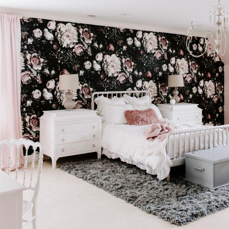Master Bedroom with Pink and Black Floral Wallpaper 