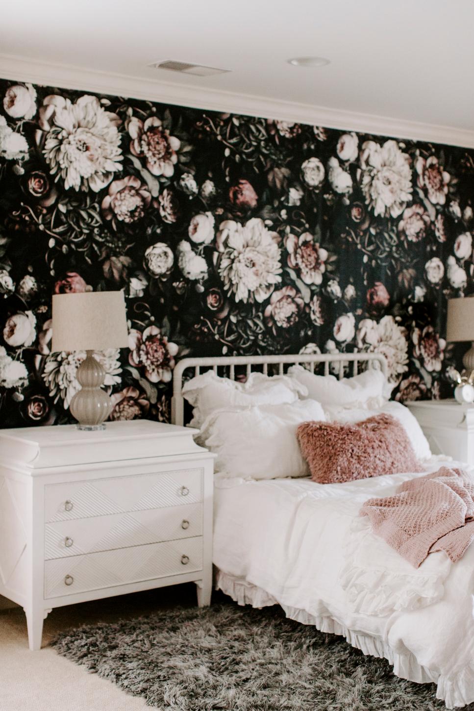 Master Bedroom with Black Floral Wallpaper | HGTV