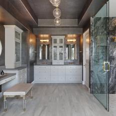 Gray and White Spa Bathroom With Marble