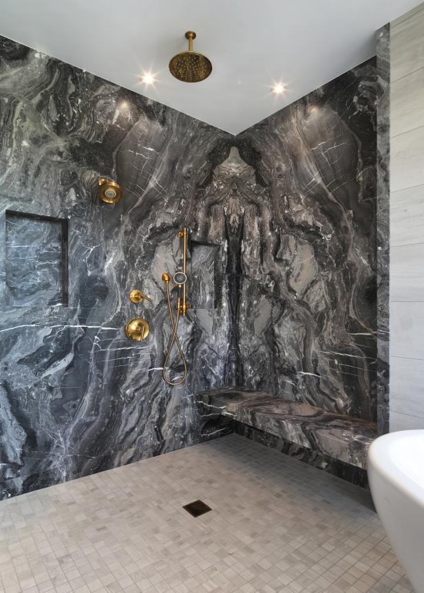 Gray Marble Walk In Shower With Gold Fixtu