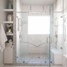 Large Walk-In Shower With Marble Bench