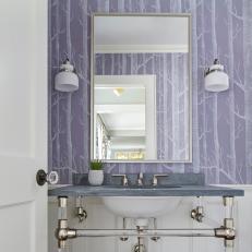 Purple Powder Room With Tree Wallpaper
