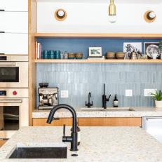 Blue Kitchen Backsplash with Open Shelves