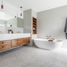Asian Master Bathroom With Gray Towel