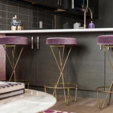 Modern Kitchen Island With Purple Velvet Barstools