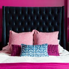 Bold Pink Master Bedroom With Velvet Tufted Headboard