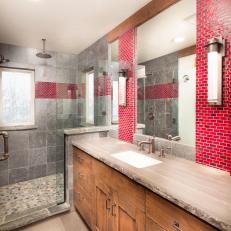 Rustic Kids' Bathroom With Red Tiles