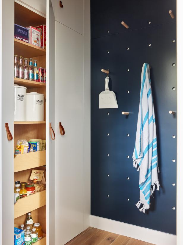 Mudroom with Pantry and Pegboard Wall