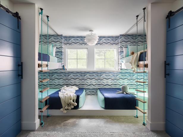 Bunk Room with Wavy Wallpaper and Rope Ladders