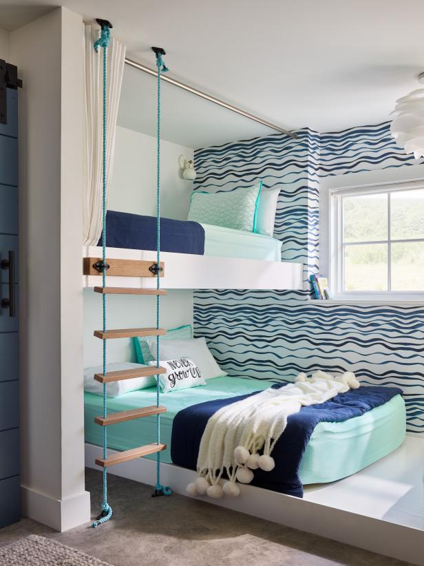 Watery Bunk Room with Turquoise Rope Ladders and Wavy Wallpaper