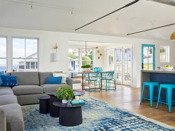 Open Plan Living Dining Kitchen Space with Shiplap Ceiling