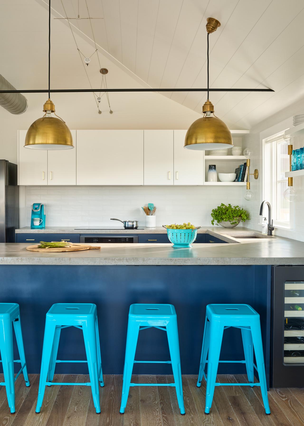 Modern Coastal Kitchen With Concrete Countertops And Turquoise