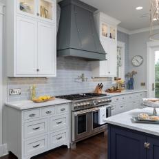 Traditional Gray Kitchen With Navy Island