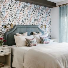 Blue Master Bedroom With Floral Wallpaper