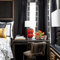 Eclectic Master Bedroom With Black Wallpaper