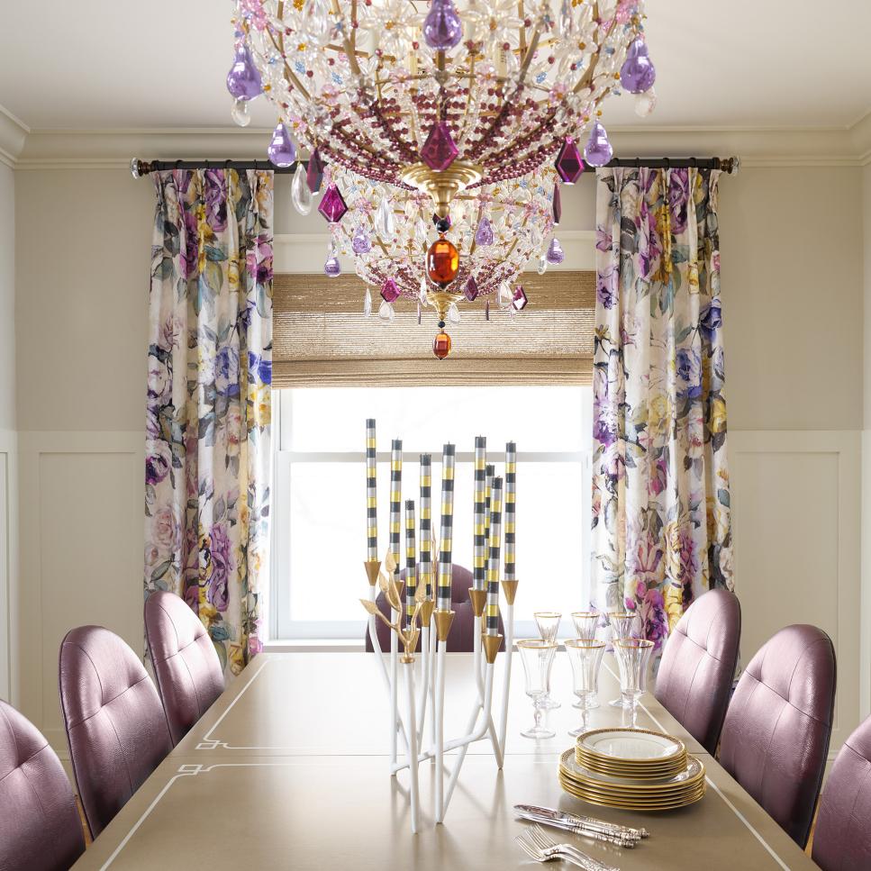 Vibrant Dining Room With Jeweled Chandelier Above Dining Table