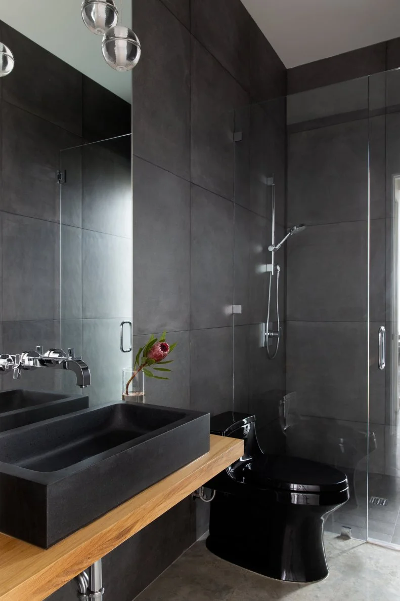 Slate Tile Shower And Sink In Moody Dark Modern Bathroom