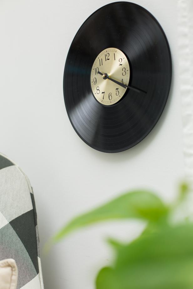 A Vinyl Record Turned Into a Clock on a Wall